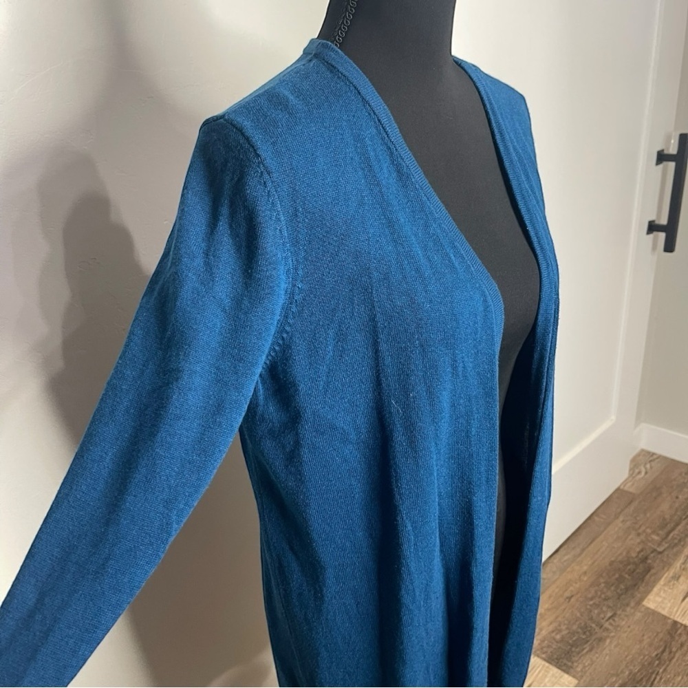 Chico's Long Lined Blue Pleated Open Front Cotton Blend Casual Cardigan Size 1 - Picture 3 of 8